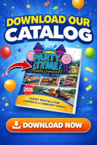 Bright promotional poster reading "Download Our Catalog" with Party Tyme Amusements catalog and a "Download Now" button, balloons.