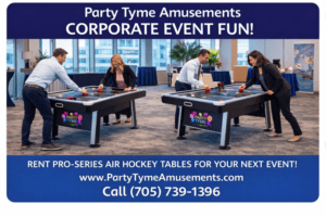 corporate-event-air-hockey-rental-flyer.jpg_1772755108_big Corporate flyer for Event Rentals Barrie showing TSSA certified festival attractions.